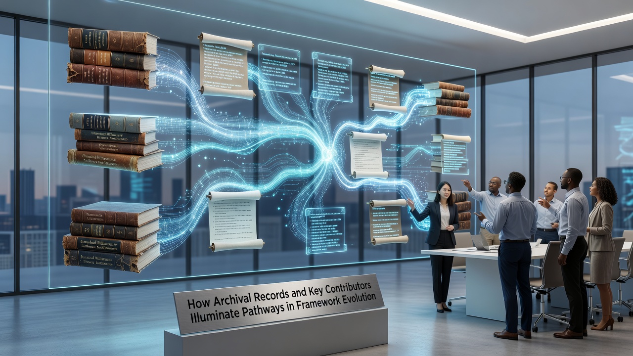 Group of researchers reviewing historical contributor notes and framework diagrams during a workshop session